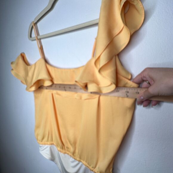 L'Academie Revolve Marigold Yellow Off Shoulder Ruffle Spaghetti Bodysuit Large - Picture 13 of 14